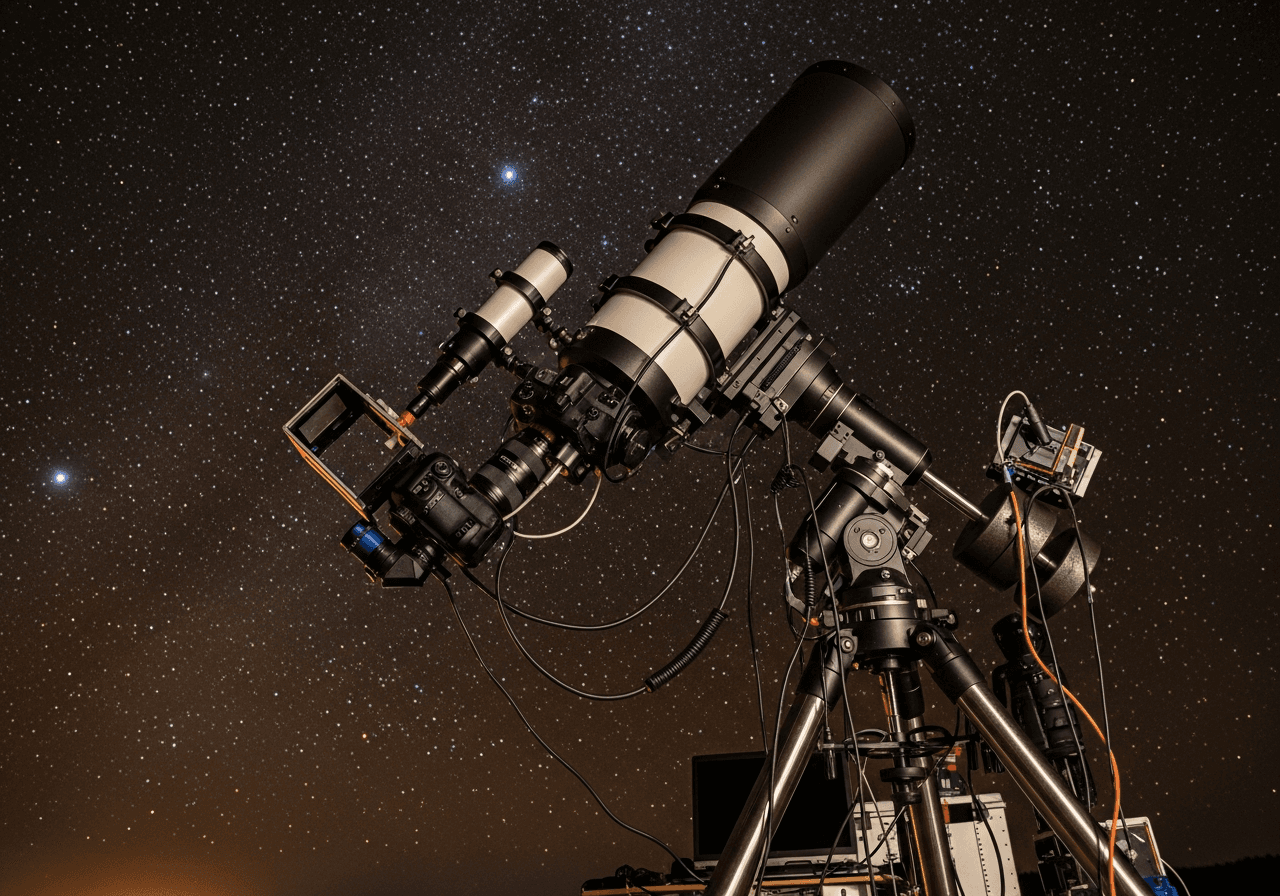 Complete astrophotography setup with camera and telescope for comet imaging