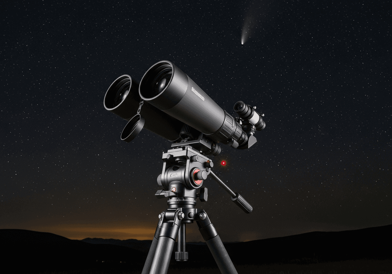 High-quality binoculars on tripod for comet observation under starry night sky