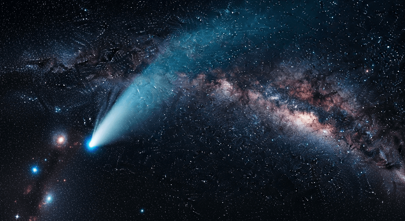 Spectacular comet with bright tail streaking across dark night sky filled with stars